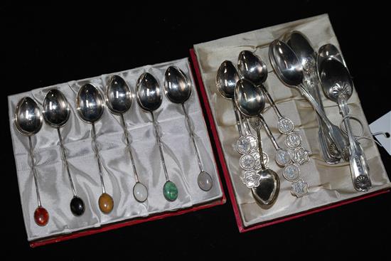 Five George V silver teaspoons, two sets of six Chinese white metal teaspoons with cases.